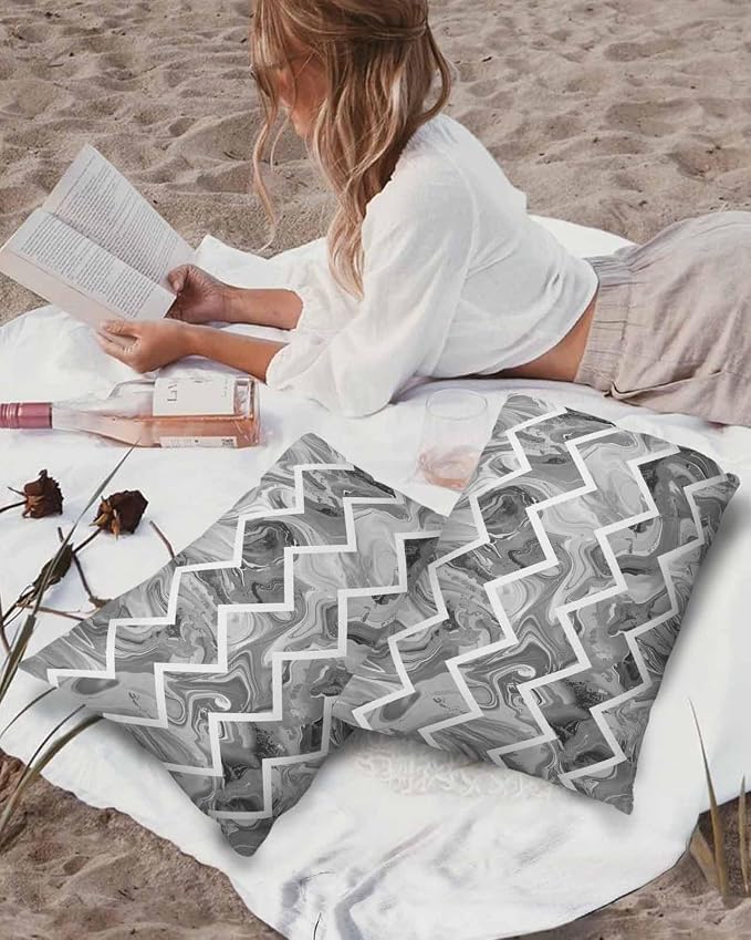 Outdoor Waterproof Throw Pillows Marble Gray Zigzag Ripple Chevron Patio Pillows Pack of 2,Decorative Pillow Covers with Insert,Pillow Cushion Case for Garden Couch Modern Geometric Abstract Pattern