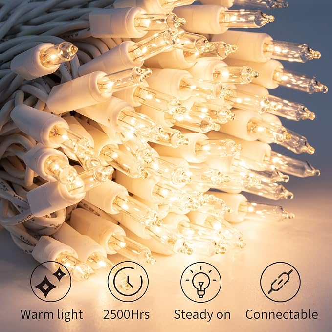 Brightown 50 Count 10 Feet Warm White Christmas Lights, Incandescent Bulb | Clear Mini Incandescent Lights on White Wire, Christmas Tree String Lights for Indoor Outdoor Decorations