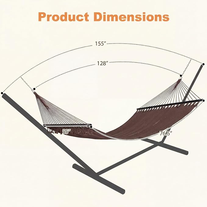 Happygrill 10.5FT Caribbean Double Hammock, Outdoor Portable Hammock with Spreader Bar, Soft-Spun Polyester Rope, 2 Person Hammocks for Outside, Camping & Patio, Max 600 lbs Capacity (Brown)