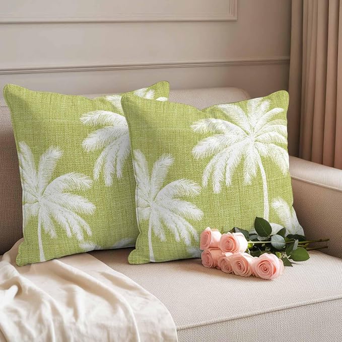 Outdoor Pillow Covers 20x20 Inch Set of 2, Yellow Palm Trees Waterproof Throw Pillow Covers, Farmhouse Tropical Summer Beach Decorative Cushion Pillowcases for Couch, Sofa, Bed, Garden, Patio