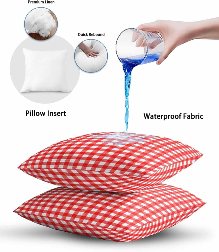 Outdoor Waterproof Throw Pillows Country Red Buffalo Plaid Patio Pillows Pack of 2,Decorative Pillow Covers with Insert,Pillow Cushion Case for Garden Couch Sofa Classic Gingham Check