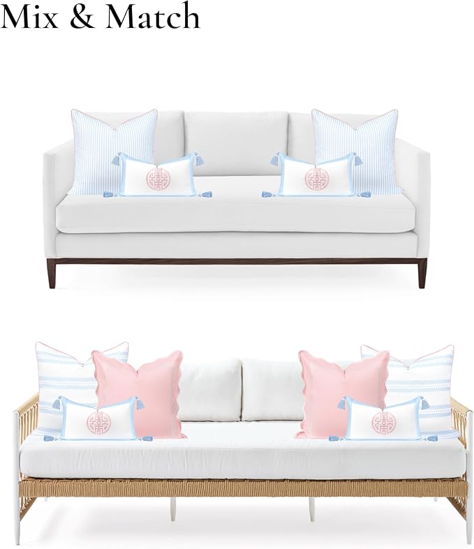Hofdeco Premium Coastal Grandmillennial Patio Indoor Outdoor Lumbar Pillow Cover Only, 12"x20" Water Repellent for Backyard, Couch, Poolside, Baby Blue Pink Embroidered Double Happiness Symbol