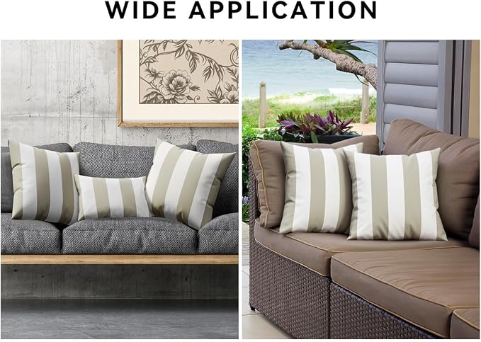 Pack of 2 Outdoor Waterproof Striped Pillow Covers Decorative Throw Covers | 18x18, Beige Grey,Garden Cushion Covers, Farmhouse Pillowcases for Couch Sofa Patio Tent Balcony