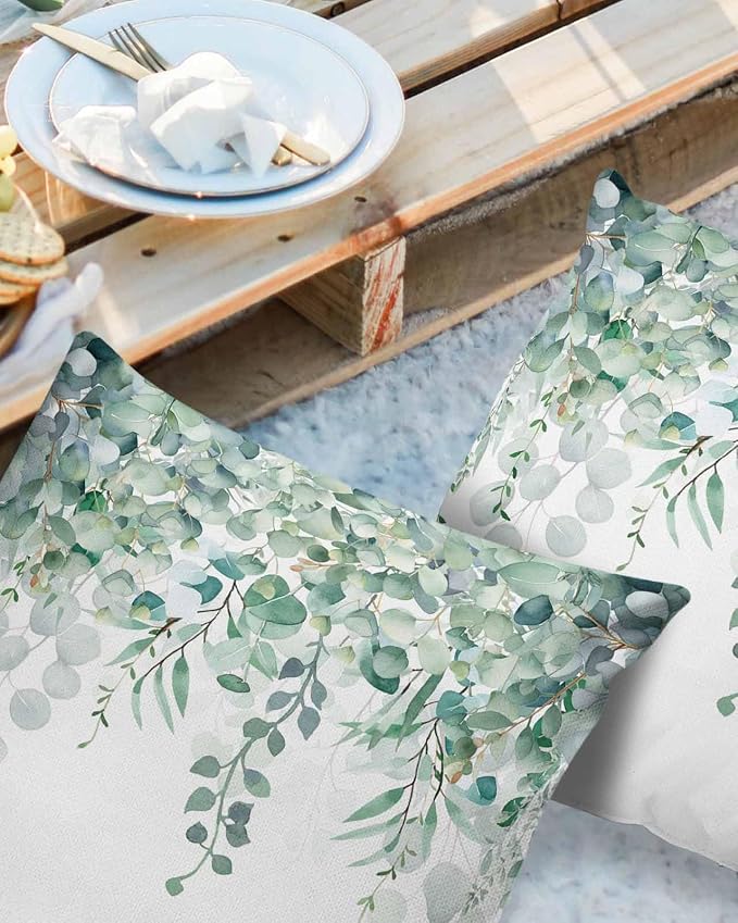 Eucalyptus Leaves Outdoor Pillow Covers Pack of 2, Watercolor Green Plants Waterproof Pillow Covers Seasonal Spring Summer Throw Pillowcase for Patio Funiture Garden Tent, 26 x 26 inch