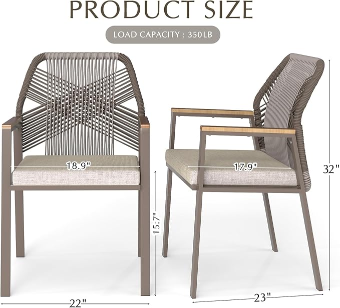 Aluminum Outdoor Patio Dining Chairs - Imitation Rope Vine Chair Ergonomic Backrest Design Detachable Seat Cushion Soft and Breathable Garden Porch, Light Brown 2Pcs