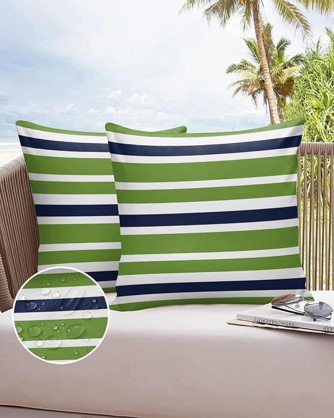 Outdoor Waterproof Throw Pillow Covers Set of 2 Navy Blue Green Stripes Decorative Outdoor Pillows Cushion Case 20x20 Inch Classic Striped Patio Pillows for Couch Sofa Bed Garden Office Home Decor