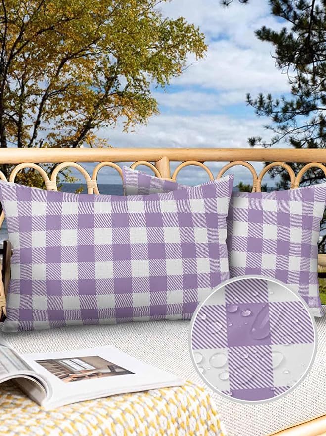 Outdoor Waterproof Throw Pillow Covers Set of 2 Purple Buffalo Check Plaid Lumbar Pillowcases 20x12 Inches Farmhouse Style Patio Decorative Pillows Cushion Case Patio Pillows for Couch Bed Garden