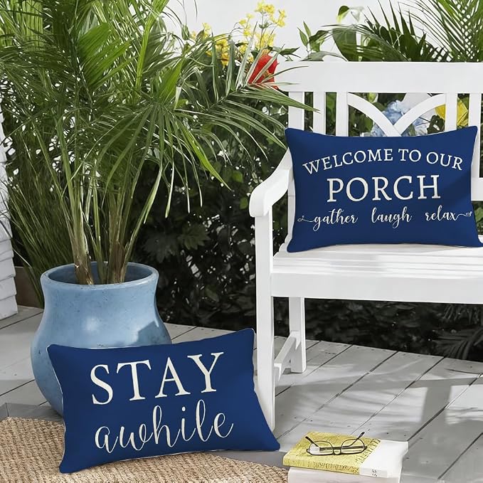 RABUSOFA Welcome to Our Porch Decor Outdoor Pillow Covers Waterproof,12x20 Set of 2 Blue and Cream Stay Awhile Relax Lumbar Cushion Case Decorations for Patio Couch (Blue)