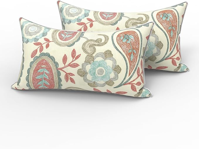 LVTXIII 2 Pack Outdoor Lumbar Pillows 12x20 Inch with White Piping, Fade Resistant Support Throw Pillows with Inserts for Patio Furniture, Sofa, Chair, Paisley Vintage
