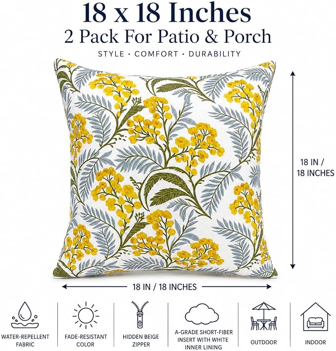 Outdoor/Indoor Decorative Throw Pillows 18×18 Inch | Pack of 2 Waterproof Decorative Throw Pillows with Inserts, Square Pillows for Bed, Couch, Sofa and Patio Furniture