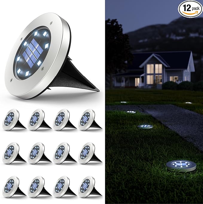 Sunco 12 Pack Solar Lights Outdoor Garden LED, Waterproof Landscape Pathway Light Fixture, Dusk to Dawn, Yard Patio Ground Lights, Deck, Cross Spike Stake, 7000K Diamond White