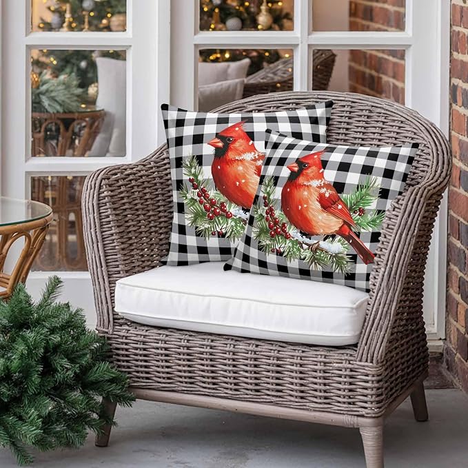 Vandarllin Christmas Outdoor Throw Pillows Covers 16X16 Set of 2 Waterproof Red Cardinals Decorative Zippered Lumbar Cushion Covers for Patio Furniture, White Black Buffalo Check Plaid