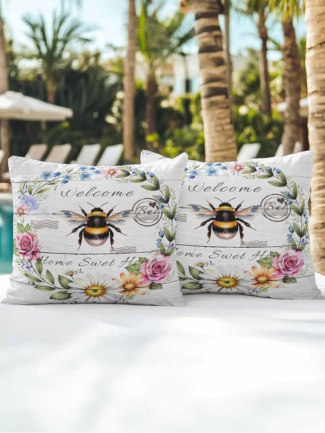 Outdoor Waterproof Throw Pillows Rustic Bee Flower Wreath Patio Pillows Pack of 2,Decorative Pillow Covers with Insert,Pillow Cushion Case for Garden Couch Sofa Farmhouse White Wood Board