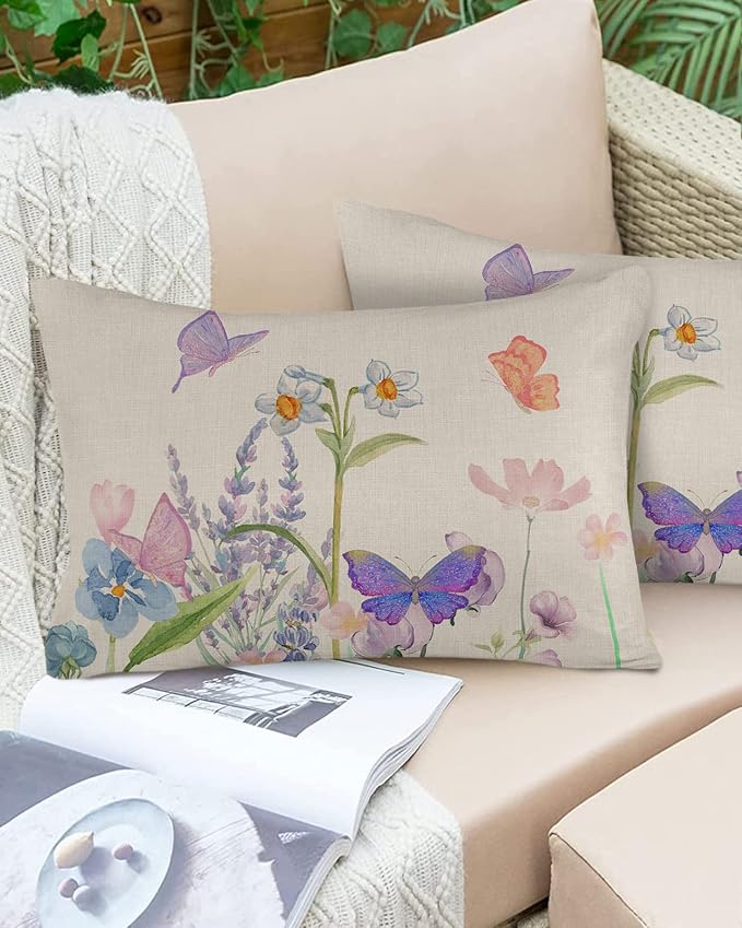 YOKOU Waterproof Throw Pillow Covers, Floral Print Butterfly Watercolor Flower Spring Summer Farm Decorative Pillowcase Soft Cushion Case for Patio Couch Tent Balcony, Set of 2 Rectangle, 20"X12"