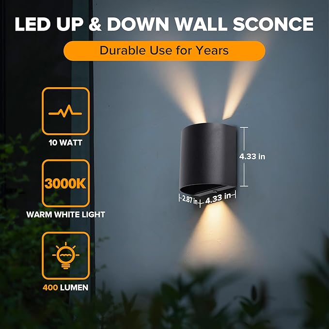 LUTEC 2-Pack LED Up & Down Adjustable Wall Lights,Anti-Rust Aluminium Modern Outdoor Indoor Wall Sconce, 10W, 400LM, 3000K Warm White Exterior Light, IP65 Waterproof for Porch, Patio, Garage-Black