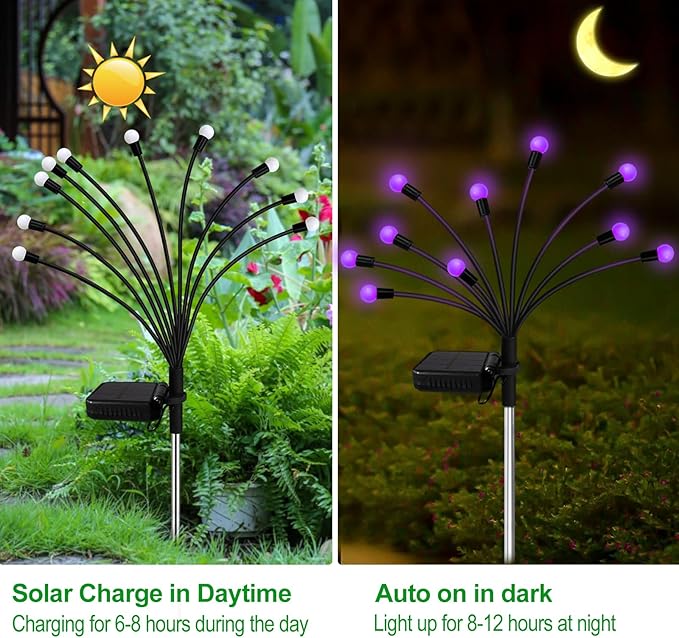 Kohlrabi Solar Garden Lights Outdoor, 6 Pack 48 LED Solar Purple Firefly Lights Waterproof, Sway by Wind, Halloween Swaying Light for Yard Patio Backyard Garden Planter Flower Bed Pathway Decoration