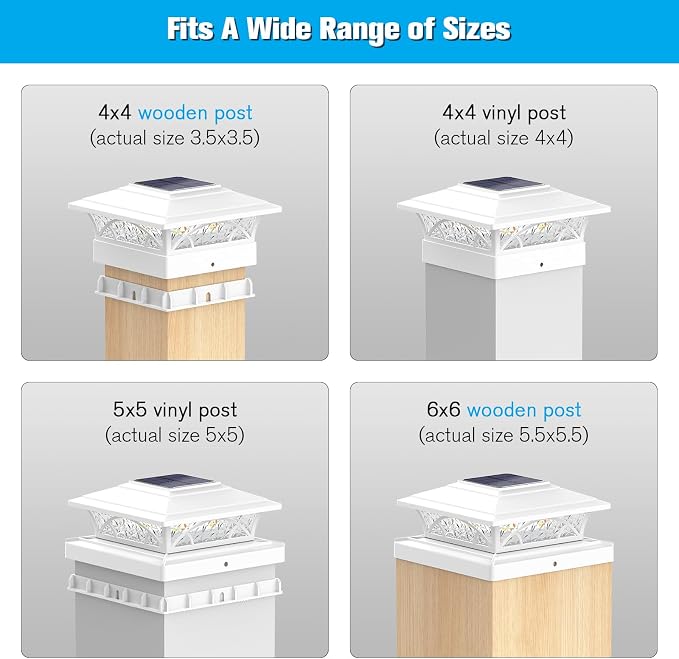 JOFIOS Solar Post Cap Lights Outdoor 6pack, White Deck Fence Post Lights Solar Powered with 16LEDS 2 Lighting Modes, 4x4/5x5/6x6 Waterproof Fence Post Lights for Garden Patio Porch Backyard