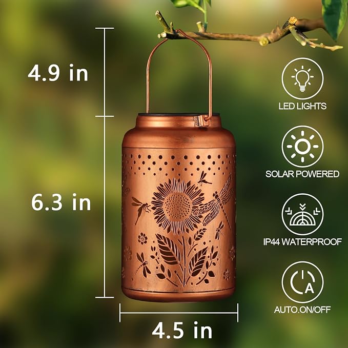 2 Pack Sunflowers Solar Lanterns Outdoor Waterproof Garden Decor | Metal Hanging Solar Lights Birthday Gifts for Grandma Mom Solar Decoration Outside for Yard, Patio, Backyard, Porch
