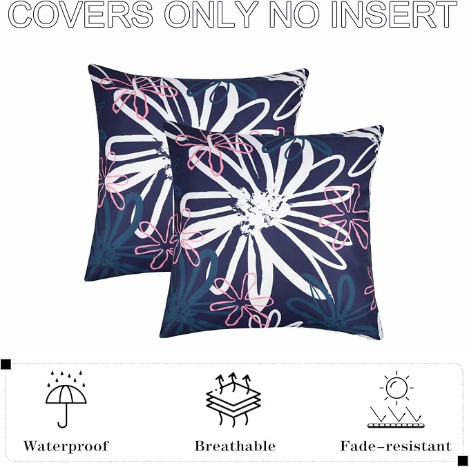 Pyonic Outdoor Waterproof Pillow Covers Pack of 2 Dahlia Water Resistant Decorative Outdoor Pillow Covers 18x18 inch Square Patio Pillows for Funiture Garden,Blue