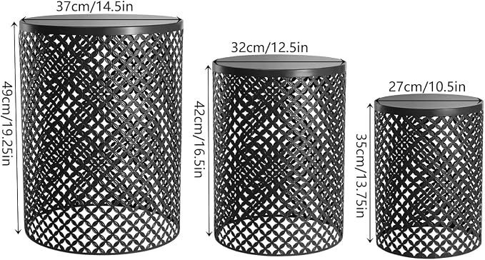 Set of 3 Outdoor Side Table, Garden Stool for Patio, Metal Accent Table Modern End Table, Patio Side Table for Garden, Balcony, Bedroom Indoor Outdoor Decorative, Jet Black