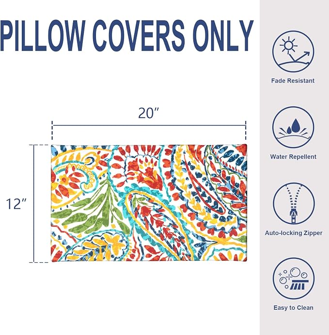 Pack of 2 Outdoor Lumbar Pillow Covers, All Weather Cushion Pillow Cases 12x20 Inch, Pillowcase for Patio Couch Decoration, Paisley Multi