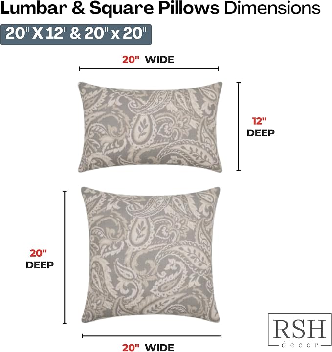 RSH DECOR: Lumbar & Square Pillows Set of 4 | 20" x 12" & 20" x 20" | Water & Fade-Resistant Performance Fabric | Outdoor Throw Pillows for Patio Furniture | Made in USA (Ayideal Fossil)