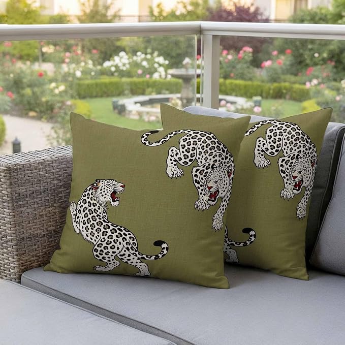 Yukro Green Leopard Outdoor Waterproof Pillow Covers Pack of 2, Modern Style Wild Animal Rustic Linen Texture Throw Pillowcases Decorative Cushion Covers for Garden Patio Tent Sofa Couch, 24x24 inch