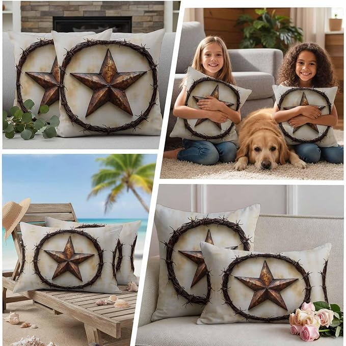 Texas Star Rustic Waterproof Outdoor Pillow Covers Set of 2 Home Decor, Vintage Country Stars Modern Abstract Pillowcase Patio Pillow Covers for Couch Bench Furniture Garden 20x12in