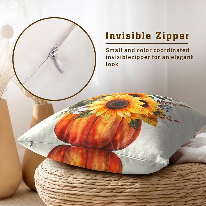 Fall Sunflower Pumpkin Pillow Cover Set of 2-22x22 Inch Autumn Flower Floral Harvest Seasonal Decorative Sofa Couch Cushion Case for Porch Patio Outdoor Indoor Home Decor