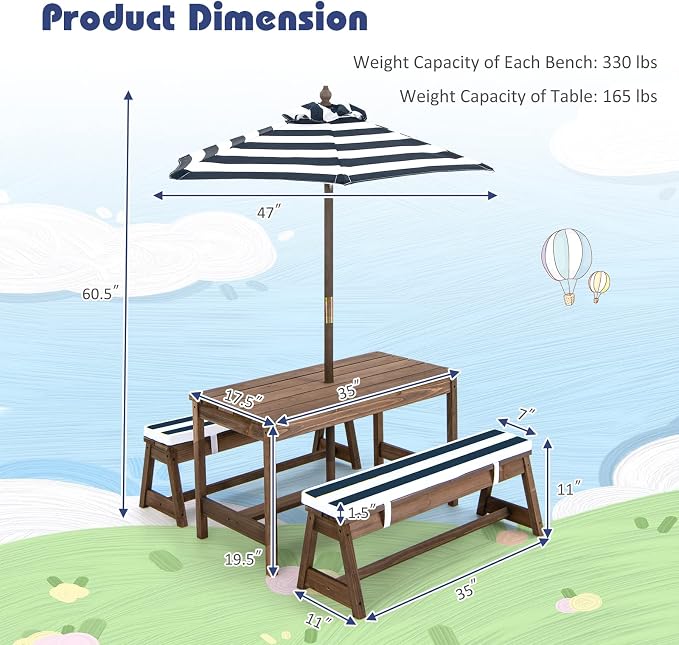 KOTEK Kids Picnic Table with Umbrella Foldable, Backyard Wooden Table & Bench Set w/Removable Cushions, Activity Art Play Table, Indoor Outdoor Toddler Picnic Table for Patio, Lawn & Garden (Blue)