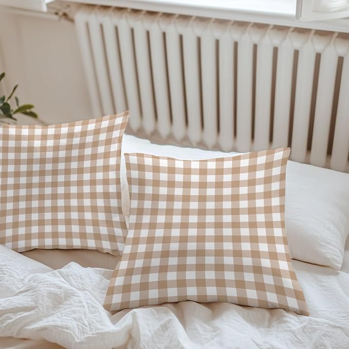 Brown Checks Outdoor Pillow Covers 26"x26" Set of 2, Beige Rustic Gingham Plaid Abstract Modern Waterproof Throw Pillow Covers for Patio Furniture, Decorative Cushion Covers for Porch