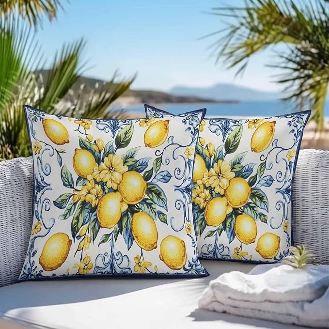 Throw Pillow Covers 16x16 Inch Set of 2, Yellow Lemon Waterproof Outdoor Cushion Covers, Middle Century Blue Italian Textured Decorative Pillowcases for Couch, Sofa, Bed, Garden, Patio