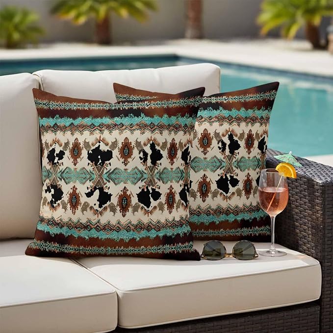 Boho Cowhide Outdoor Pillow Covers 18"x18" Set of 2, Western Aztec Tribal Green Brown Cow Texture Waterproof Throw Pillow Covers for Patio Furniture, Decorative Cushion Covers for Porch