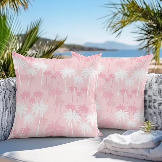 Throw Pillow Covers 20x20 Inch Set of 2, Tropical Palm Tree Waterproof Outdoor Pillow Covers, Pink White Plants Coastal Leaf Beach Decorative Cushion Pillowcases for Couch, Sofa, Bed, Garden, Patio