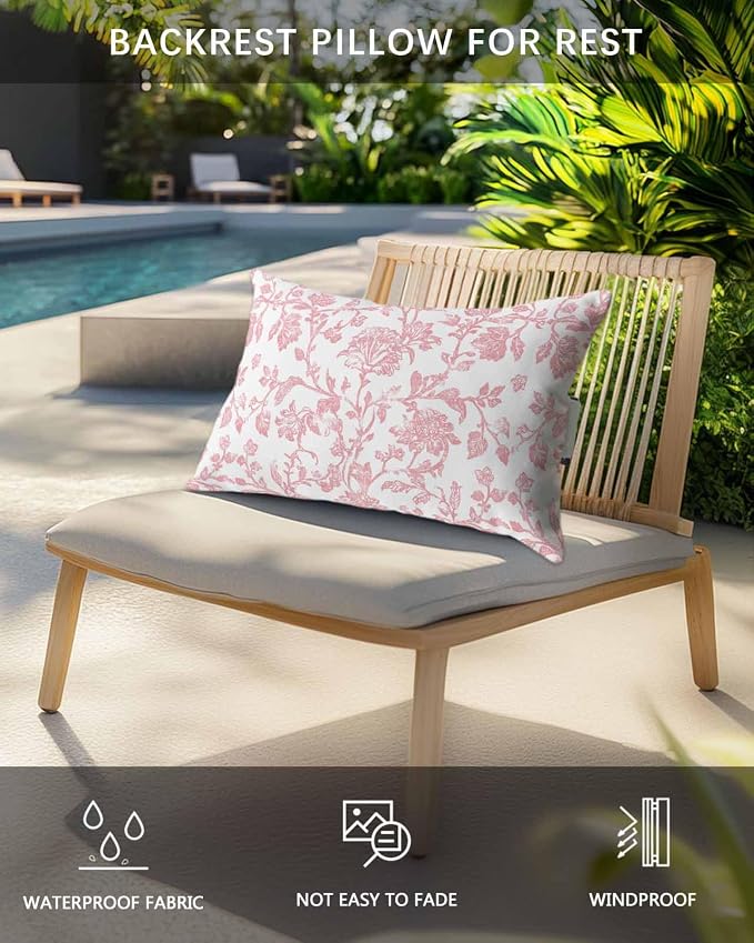 Pack of 4 Outdoor Lumbar Pillow Covers 12x20 Inch, Coral Red Flower Waterproof Throw Pillow Covers Set, Vintage Farmhouse Boho Leaf Spring Indoor&Outdoor Decorative Cushion Cases for Patio Porch Beach
