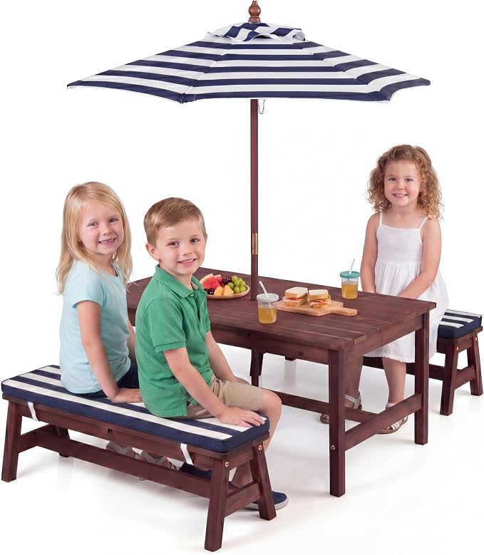 HONEY JOY Kids Picnic Table, Large 42” x 23” Tabletop, Fir Wood Toddler Outdoor Table & Bench Set w/Removable Cushions & Umbrella, Children Backyard Furniture for Patio Garden, Seats for 4 (Blue)