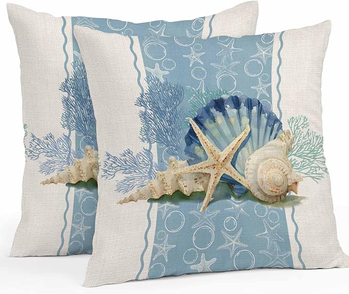 Coastal Oceans Waterproof Outdoor Pillow Covers Set of 2 Home Decor, Summer Beach Corals Shells Starfish Cotton Linen Pillowcase Patio Pillow Covers for Couch Bench Furniture Garden 18x18in