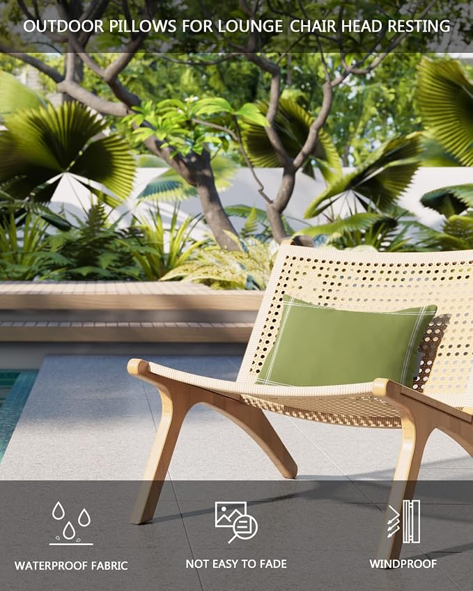 T&H XHome Outdoor Pillow for Chaise Lounge Chair, Solid Color Olive Waterproof Headrest Pillow Lumbar Pillows with Insert & Adjustable Elastic Strap for Beach, Poolside, Patio, Office (1 Pack)