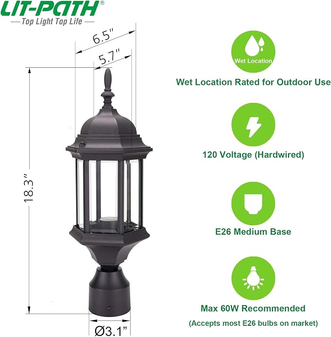 Outdoor Post Light, Rustproof Aluminum Pole Lamp, Black | Exterior Lamp Post Light Fixture for Garden, Yard, Pathway, Waterproof, Glass, E26 Base, Max 60W, 1 Pack