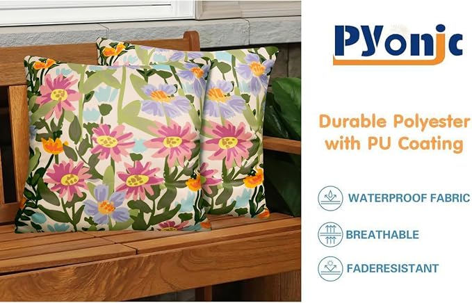 Pyonic Outdoor Pillows Covers Pack of 2 Spring Floral Waterproof Throw Pillow Covers 16X16 inch Outdoor Pillows for Patio Furniture Garden Square Outside Waterproof Pillow