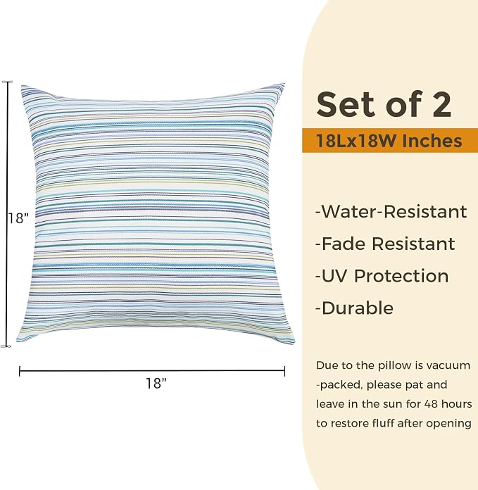 FUNHOME Outdoor Throw Pillows 18x18 inch,Decorative Throw Pillow with Insert Set of 2,Water Resistant Pillow for Patio Furniture Sofa Couch Chair(Blue Stripe)