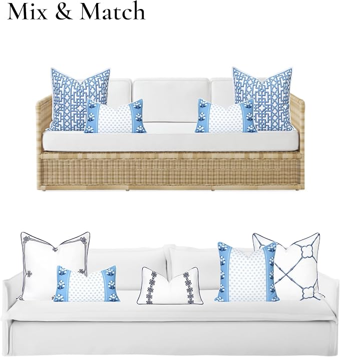 Hofdeco Premium Coastal Hampton Patio Indoor Outdoor Lumbar Pillow Cover Only, 12"x20" Water Repellent for Backyard, Couch, Poolside, Azure Blue Print Block Print Striped Lily of the Valley
