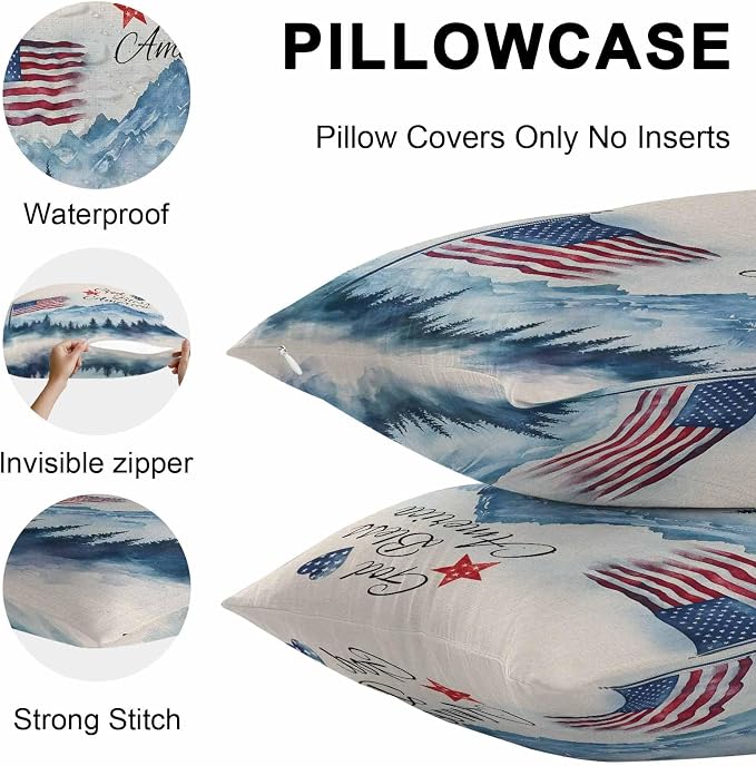 4th of July Outdoor Pillow Covers 16x16 Inch Throw Pillow Covers Set of 2 Waterproof Decorative Pillow Cases Independence Day American Flag Forest Cushion Covers for Patio Furniture Garden Couch Sofa