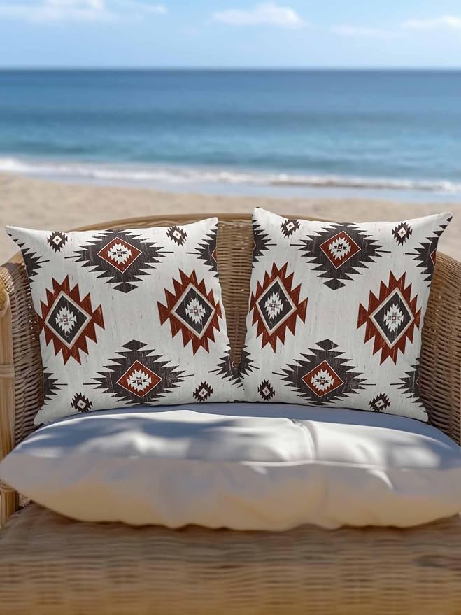 Waterproof Outdoor Pillow Set of 2 Red Brown Boho Aztec Decorative Throw Pillows Cover & Insert 16x16 Inch Pillowcase Southwest Tribal Style Pillows for Couch Sofa Bed Patio Furniture Indoor Outdoor