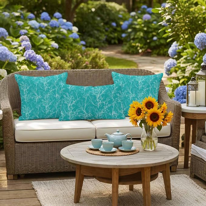 Turquoise Branches Waterproof Outdoor Pillow Covers Set of 2 Home Decor, Abstract Art Leaves Plant Pillowcase Patio Pillow Covers for Couch Bench Patio Furniture Garden 24x24in