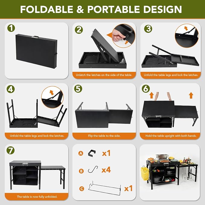 Grill Table Compatible with Blackstone Griddles, Portable Foldable Griddle Stand with Storage Shelf, Heavy Duty Camping Kitchen Table for Outdoor Cooking, BBQ, Camping and Patio, Black