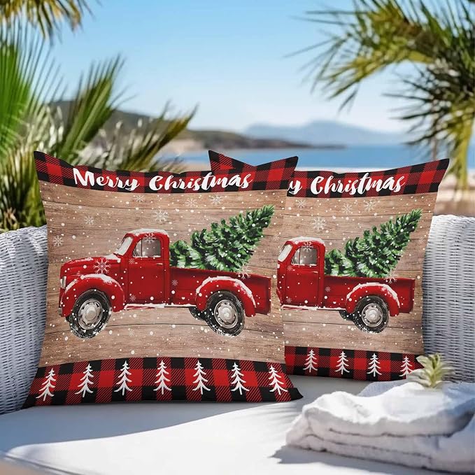 YOKOU Outdoor Throw Pillow Covers, Merry Christmas Truck Tree Vintage Board Wood Grain Buffalo Check Waterproof Pillowcases Cushion Covers Cases for Patio Couch Bench, Pack of 2 Square, 16"X16"