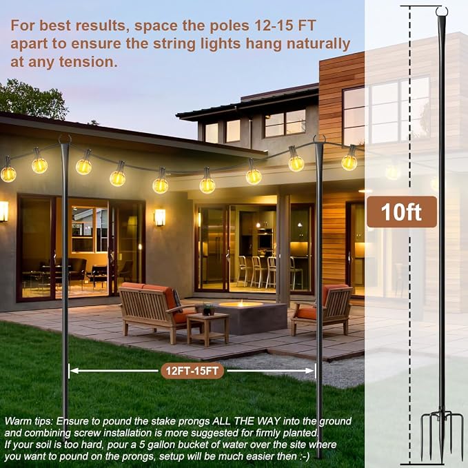 2 Pack Heavy-Duty String Light Poles for Outside with Fork, Adjustable Lighting Hanging Post Accessories for Patio Furniture Set Patio Decor Outdoor Decor Backyard Yard Pergola Garden Decorations