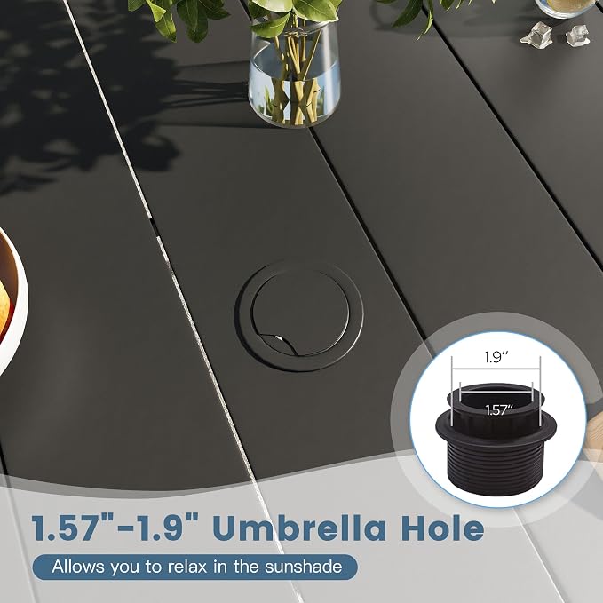 DIFY 9 Piece Outdoor Dining Set, 53" Black Round Metal Patio Table and Dark Grey Textilene Stackable Chairs for 8, All Weather Patio Furniture Set with Umbrella Hole for Backyard Garden Deck