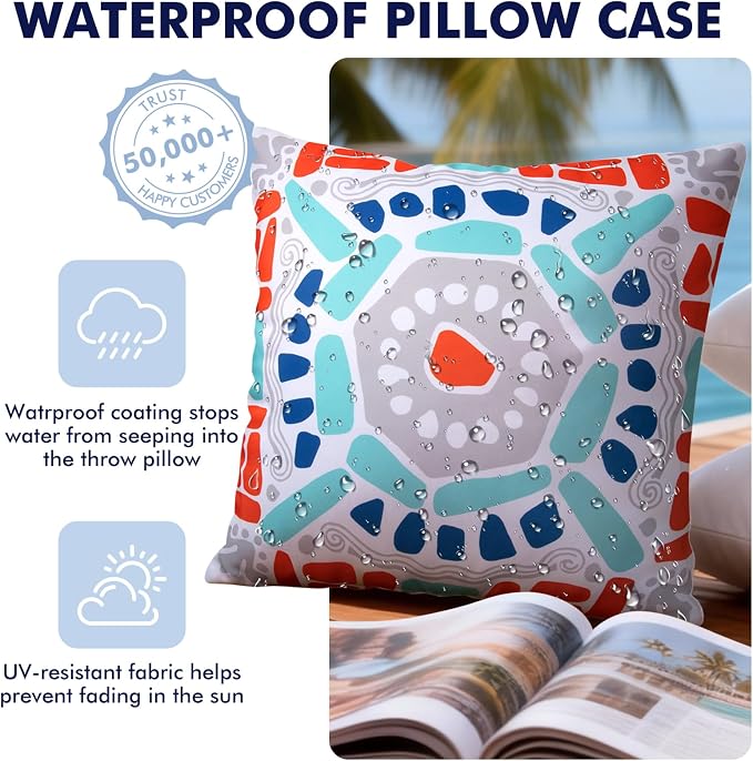 Waterproof Outdoor Pillow Covers, 4 Pack 18x18 Throw Pillow Covers | Blue Gray Decorative Pillow Covers, Floral & Boho Print, Waterproof & Fade Resistant, Garden Cushion Case for Patio Furniture